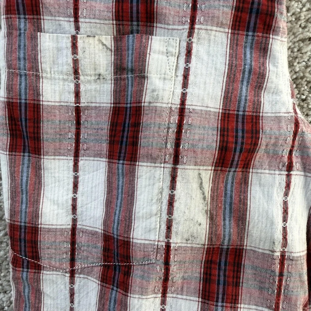 Vintage Red Plaid Shirt Mens Large Long Sleeve Button Up Lightweight Cotton